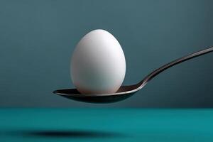 White egg balanced on a silver spoon against a teal background in a simple still life arrangement photo