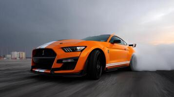 Bright orange sports car performs a thrilling drift during a cloudy sunset photo