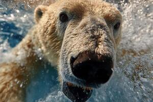 Polar bear swimming close to the camera in a clear blue water setting during the day photo