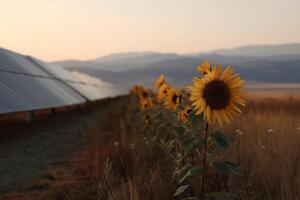 Sunflowers bloom beside solar panels at sunset in a rural landscape photo