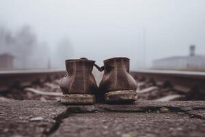 Footwear resting on railway tracks in foggy weather near an abandoned station photo