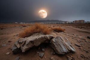 Bright moon illuminates desert landscape under cloudy skies at dusk photo