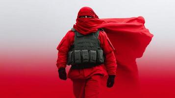 Red-cloaked figure walks through a misty landscape during a cloudy day photo