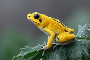 Bright yellow frog on a green leaf covered in droplets in a tropical setting photo