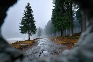 Scenic forest path viewed through rocky opening, showcasing misty surroundings and tall trees photo