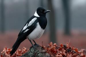 Black and white bird perched on a log amidst autumn leaves in a misty forest photo