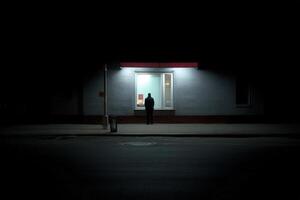 Man stands alone in front of a softly lit building at night photo