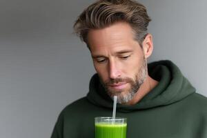 Man sipping green juice indoors while wearing a comfortable hoodie on a casual day photo