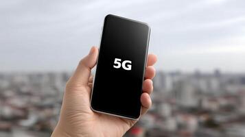 Smartphone displaying 5G network signal with city skyline in the background during overcast weather photo