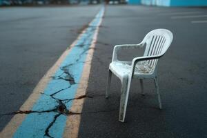 Empty plastic chair sits alone on cracked pavement beside a blue line in an abandoned area photo