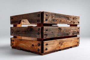Wooden crate crafted with rustic charm viewed from a unique angle indoors photo