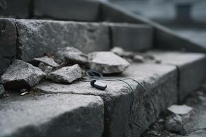 Earbuds resting on weathered steps surrounded by broken stones during a cloudy day photo