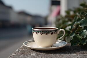 Beautiful coffee cup on a stone ledge with a city background during daylight hours photo