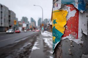 Torn posters on a street pole in a snowy urban setting during a chilly afternoon photo