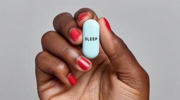 Hand holding a blue sleep pill against a neutral background in a well-lit setting photo