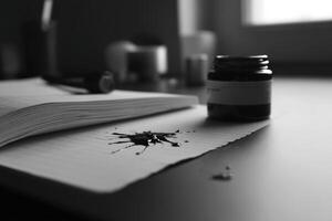 Ink splatter on open notebook beside ink jar on wooden desk in a creative workspace photo