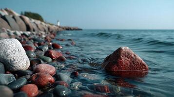 Smooth stones lining the shore alongside calm waters and a distant lighthouse at sunset photo