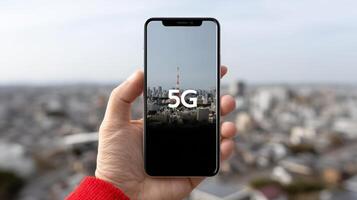 Modern smartphone displaying 5G technology over urban cityscape looking towards skyscrapers photo