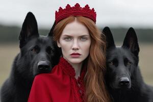 Portrait of a woman in a red cloak with wolves in a natural setting during overcast weather photo