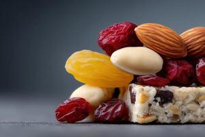 Nut and dried fruit assortment served on a gray background photo