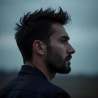 Thoughtful Young Man with Stylish Hair Against a Soft Background photo
