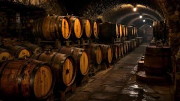 Rustic Wine Cellar with Wooden Barrels and Ambient Light photo