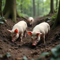 Playful Piglets Exploring a Forest Trail Surrounded by Trees photo
