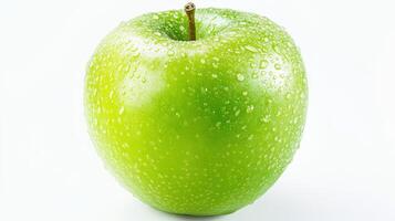 Fresh green apple with water droplets against a plain background highlighting its vibrant color and texture photo