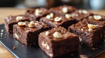 Decadent chocolate brownies topped with nuts ready to be served at a cozy kitchen gathering photo