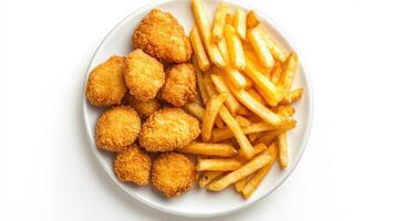 Chicken nuggets and french fries on a white plate photo
