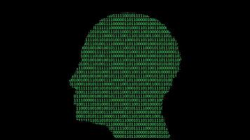 Silhouette of human head filled with binary code on black background, Profile of a human head formed by green binary digits on dark background video
