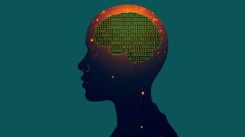 Digital brain with binary code inside human head silhouette, Artificial intelligence concept showing binary code forming a brain in a human profile video