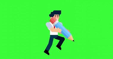 Businessman Running with Giant Pencil on Green Screen Background for Animation and Editing Use video