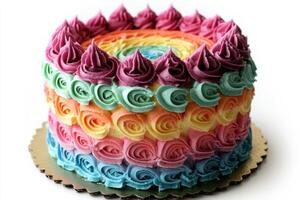 Colorful layered cake with decorative frosting on a golden platter in bright lighting photo