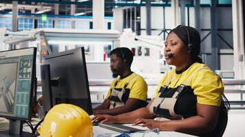 Helpline assistant troubleshoots errors in solar production systems, technician provides support for photovoltaic malfunctions or technical issues in renewable energy factory. Camera B. video