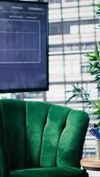 Vertical Clean empty office setup with modern furniture emphasizing preparation for a business conference, lighting, table and structured layout supporting professional workplace standards. Office life. video