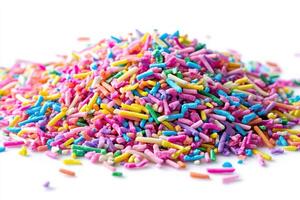 Colorful sprinkles piled on a white surface ready for decorating desserts photo