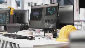PC display running live metrics in renewable energy high tech facility, tracking solar panel assembly progress. Monitoring photovoltaics factory engineering workspace to ensure seamless production. video