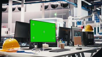 Chroma key display on PC in photovoltaics factory used to oversee production line, analyzing data and reviewing system metrics. Computer in solar panels plant, work on renewable energy. video