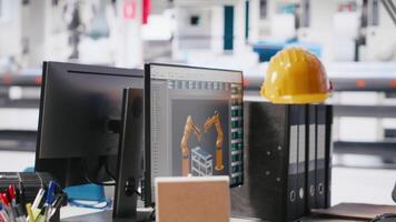 Monitor on desk in photovoltaics factory running software update, robot arms placing solar panels on assembly lines. PC display in empty manufacturing plant used for solar cell machinery. video