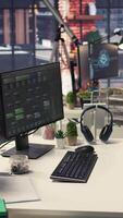 Vertical Empty programmer digital workspace shows real time code and AI driven algorithms. Futuristic setup supports machine learning, connection mapping and advanced network based pattern recognition. video