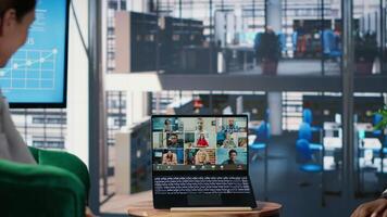 Diverse group conducting online business meeting using web conference tools to discuss collaboration agenda and corporate development. Powerful people chat on call. Camera B. video