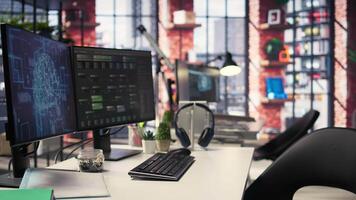 Empty AI developer desk including a monitor filled with neural network data, highlighting cloud computing, network connectivity and pattern recognition in scientific research. Notes tree. video