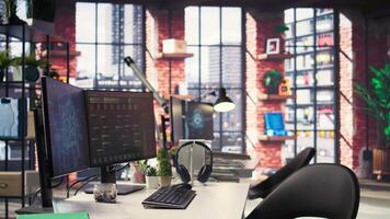 Empty desktop with futuristic software tools shows live AI brain processing on screen. Technology supports deep neural networks, pattern recognition and real time data science applications. video