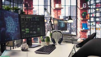 Empty office desk with computer screen showing terminal windows and network neurons. AI powered system uses cognitive computing and pattern recognition for futuristic software solutions. video