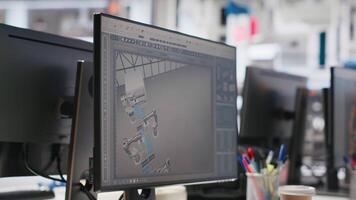 CAD program on PC monitor in photovoltaics factory used for production line design. Simulation software on computer screen in empty solar panels plant next to yellow hardhat video