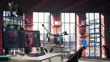 Inspiring creative workspace with professional editing software and AI chat bot open on a dual monitor setup. Digital tools showcase high quality image processing and color enhancement techniques. video