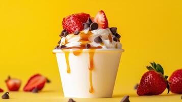 A cup of ice cream with chocolate chips and strawberries photo