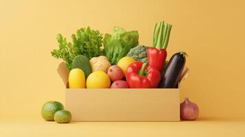 Fresh vegetables and fruits in a cardboard box on a yellow background photo