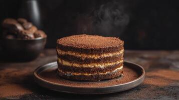 Delicious chocolate cake sitting on a plate with powdered cocoa, surrounded by a dark background, evoking a cozy atmosphere photo